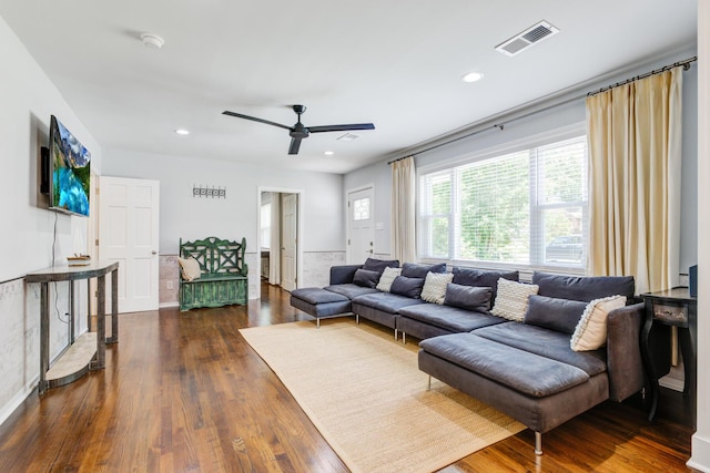 5043 Victoria Ave, North Charleston, SC 29405 - living room featuring ceiling fan, dark wood-type flooring, and recessed lighting