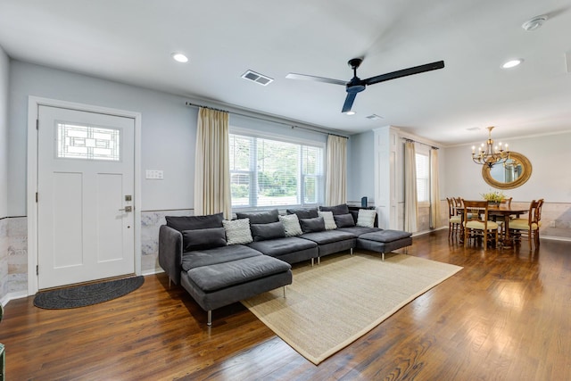 5043 Victoria Ave, North Charleston, SC 29405 - living room with a chandelier, dark wood finished floors, a ceiling fan, and recessed lighting