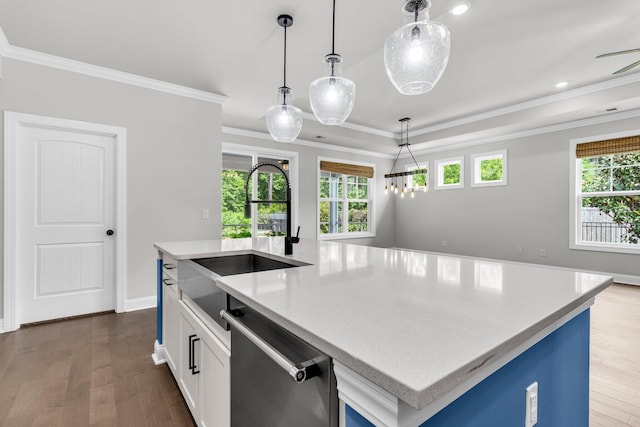 512 Pontoon Rd, Huger, SC 29450 - kitchen featuring stainless steel dishwasher, crown molding, a sink, an island with sink, and dark wood-style floors