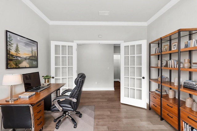 512 Pontoon Rd, Huger, SC 29450 - office area with crown molding, french doors, wood finished floors, and baseboards