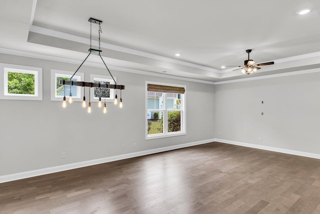 512 Pontoon Rd, Huger, SC 29450 - unfurnished dining area with a tray ceiling, healthy amount of natural light, a chandelier, dark wood-style floors, and recessed lighting