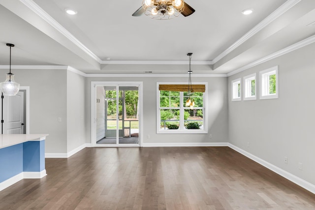 512 Pontoon Rd, Huger, SC 29450 - unfurnished living room featuring a ceiling fan, a raised ceiling, dark wood finished floors, baseboards, and recessed lighting