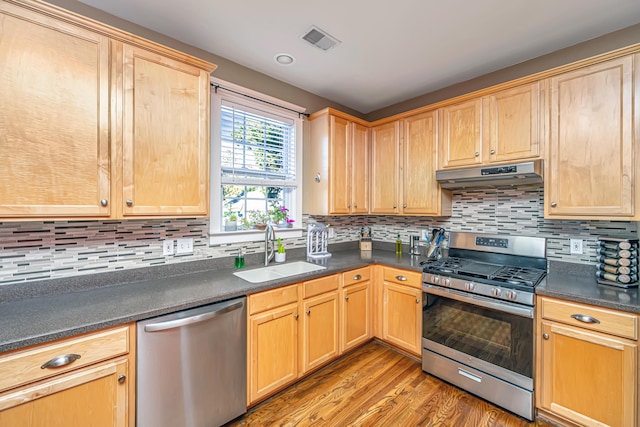 kitchen with backsplash, sink, appliances with stainless steel finishes, and light hardwood / wood-style flooring