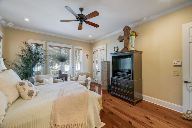 bedroom with access to exterior, wood-type flooring, ceiling fan, and crown molding