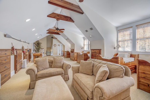 interior space with lofted ceiling with beams and light colored carpet