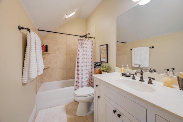 full bathroom with vanity, vaulted ceiling, shower / bathtub combination with curtain, tile patterned flooring, and toilet