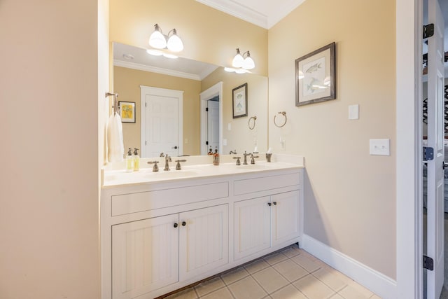 bathroom with tile patterned floors, vanity, and ornamental molding