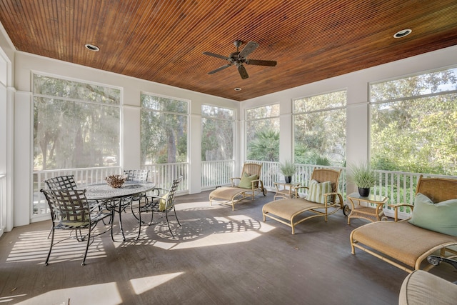 sunroom / solarium with ceiling fan and wooden ceiling