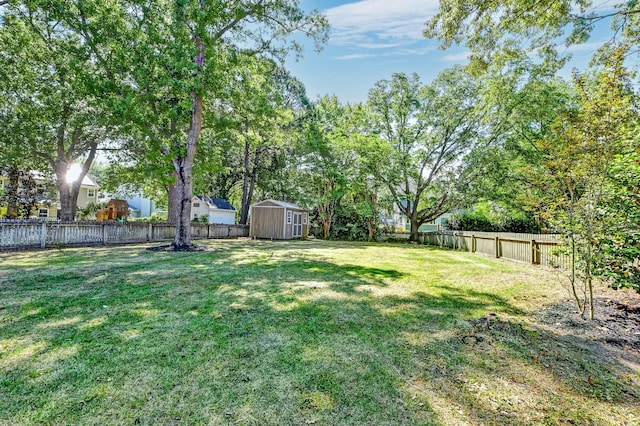 view of yard featuring a storage shed, an outdoor structure, and a fenced backyard