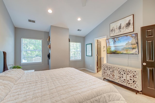 bedroom featuring visible vents, baseboards, carpet floors, and vaulted ceiling