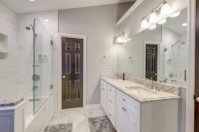 bathroom with double vanity, shower / bathing tub combination, a sink, baseboards, and marble finish floor
