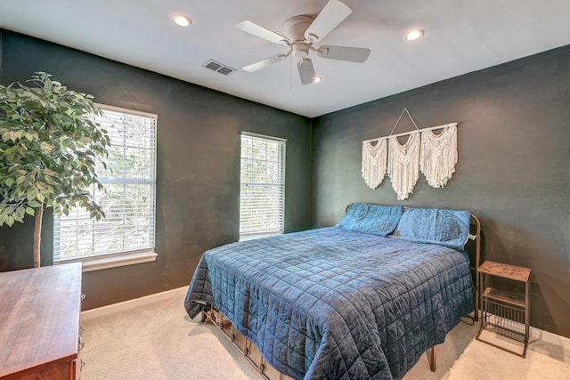 bedroom featuring carpet flooring, ceiling fan, recessed lighting, baseboards, and visible vents