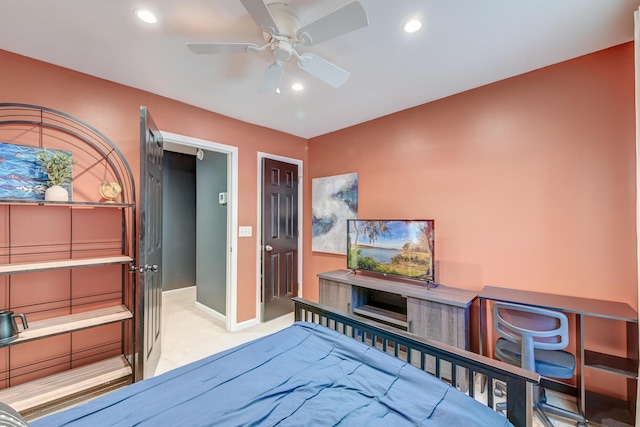 bedroom featuring recessed lighting, a ceiling fan, baseboards, and light carpet