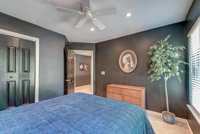 carpeted bedroom with baseboards, a ceiling fan, and recessed lighting
