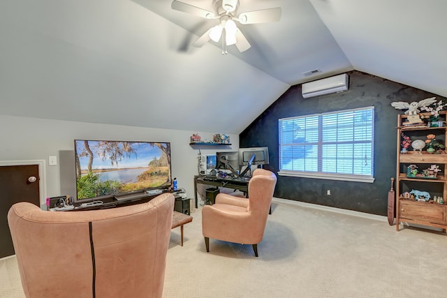 home office featuring ceiling fan, visible vents, vaulted ceiling, a wall mounted air conditioner, and carpet floors