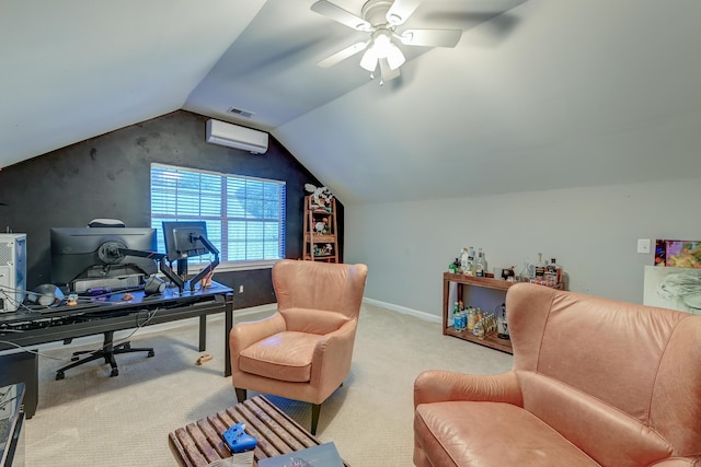 office featuring baseboards, ceiling fan, a wall mounted AC, carpet flooring, and vaulted ceiling