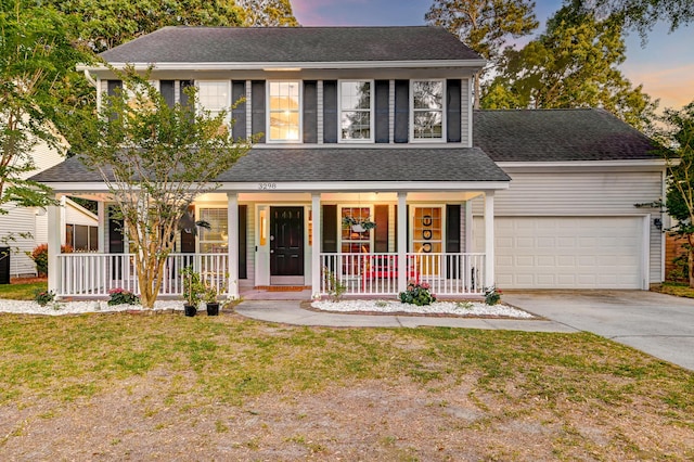 view of front of house featuring covered porch, an attached garage, driveway, and roof with shingles