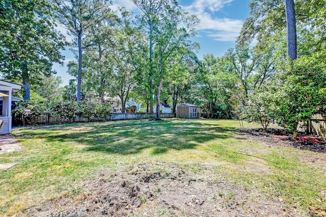 view of yard featuring an outbuilding, a fenced backyard, and a storage unit
