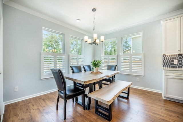224 Wappoo Trace Ln, Summerville, SC 29486 - dining room featuring a chandelier, crown molding, baseboards, and dark wood-style floors