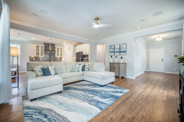 224 Wappoo Trace Ln, Summerville, SC 29486 - living room featuring a ceiling fan, wood finished floors, baseboards, and ornamental molding