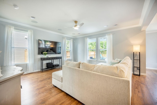 224 Wappoo Trace Ln, Summerville, SC 29486 - living room featuring a ceiling fan, wood finished floors, ornamental molding, and baseboards