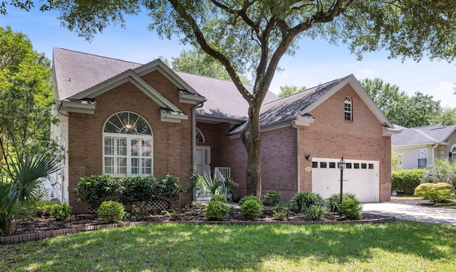 1232 Palmetto Peninsula Dr, Mount Pleasant, SC 29464 - view of front of property with brick siding, driveway, a garage, a front yard, and roof with shingles