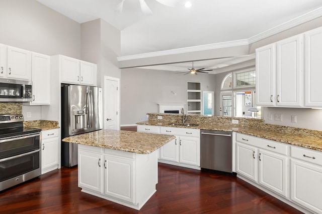 1232 Palmetto Peninsula Dr, Mount Pleasant, SC 29464 - kitchen with a ceiling fan, stainless steel appliances, a sink, a peninsula, and dark wood finished floors