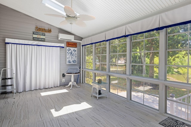 1232 Palmetto Peninsula Dr, Mount Pleasant, SC 29464 - unfurnished sunroom featuring vaulted ceiling, an AC wall unit, plenty of natural light, and a ceiling fan