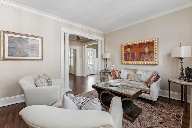 living room with dark wood-type flooring, crown molding, and decorative columns