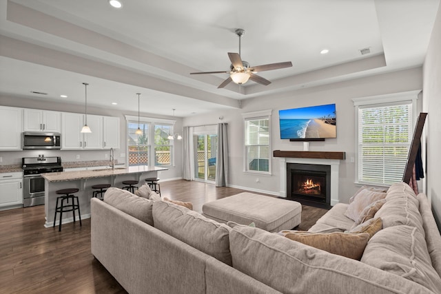 living room featuring dark hardwood / wood-style floors, ceiling fan, a tray ceiling, and sink