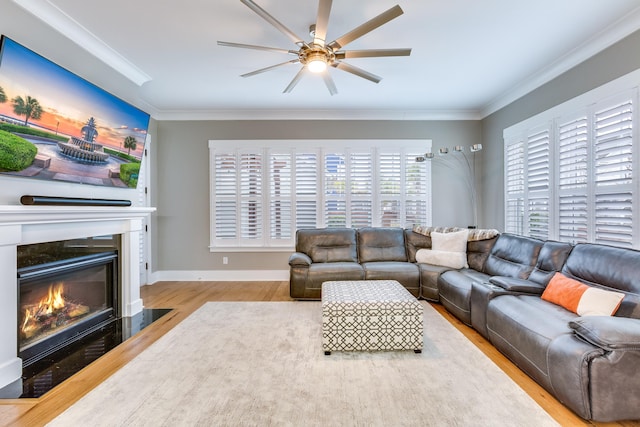 living area with baseboards, wood finished floors, a fireplace with flush hearth, and crown molding