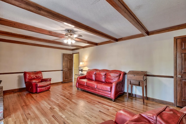 living room with light wood-style flooring, baseboards, a textured ceiling, and beamed ceiling