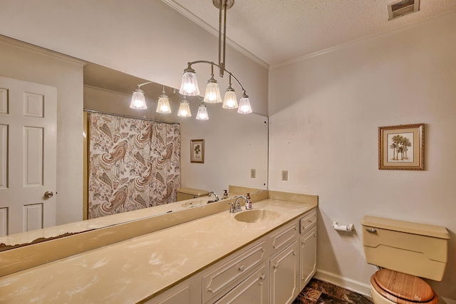 full bath featuring a textured ceiling, toilet, vanity, visible vents, and crown molding