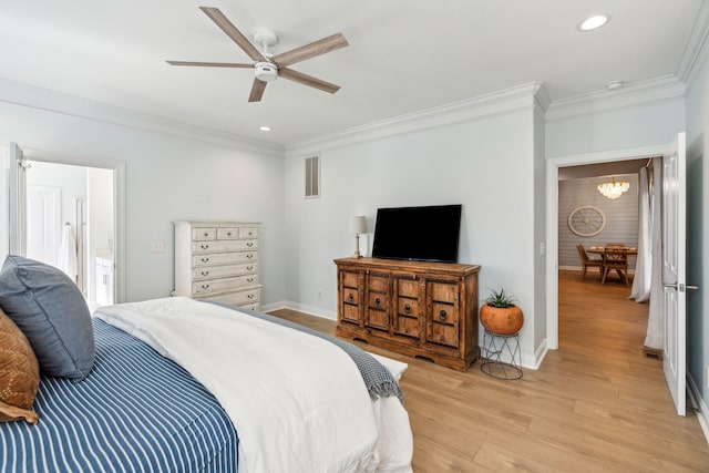 bedroom featuring ornamental molding, ceiling fan with notable chandelier, and light hardwood / wood-style flooring