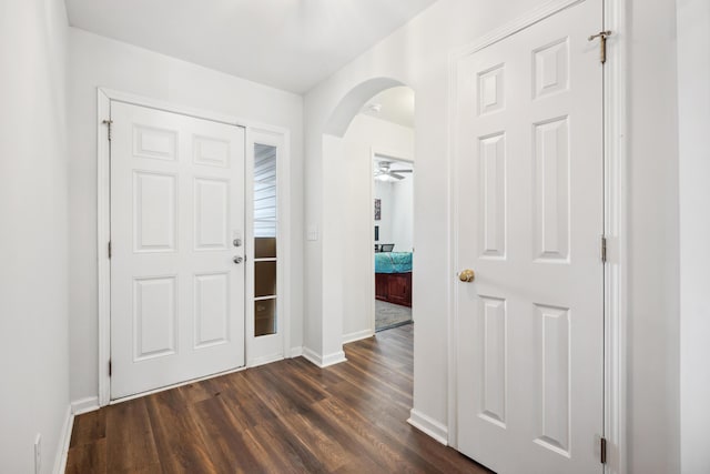 foyer with ceiling fan and dark hardwood / wood-style floors