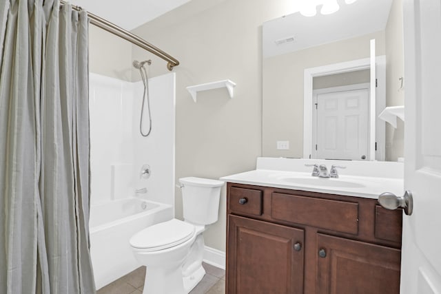 full bathroom featuring tile patterned flooring, shower / tub combo, vanity, and toilet