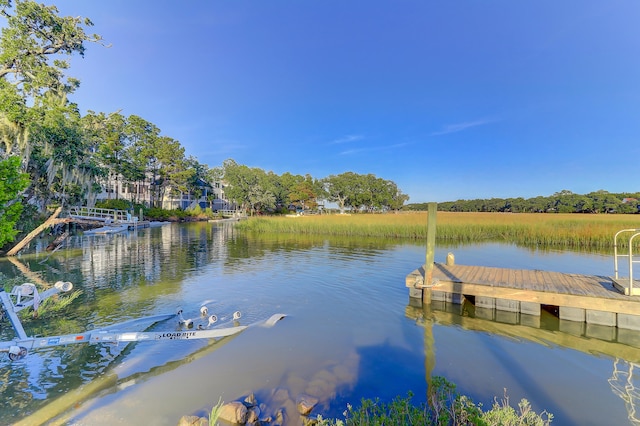 view of dock with a water view