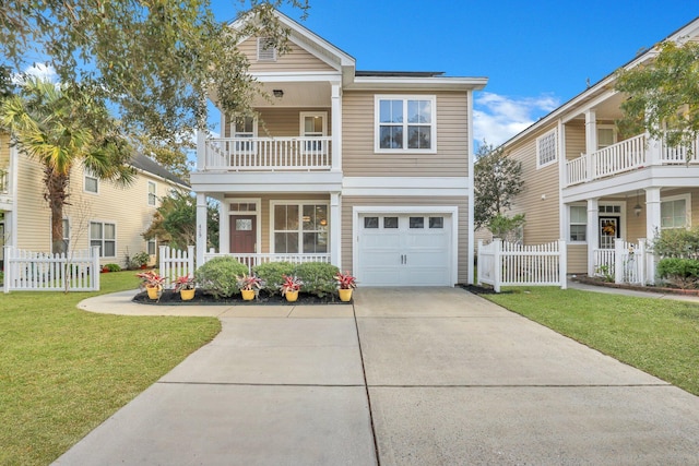 view of front facade featuring a porch, a balcony, a garage, and a front lawn