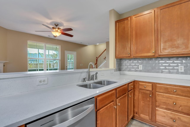 kitchen featuring ceiling fan, sink, stainless steel dishwasher, kitchen peninsula, and decorative backsplash