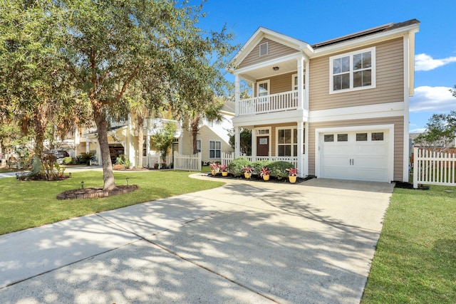 view of front of home featuring solar panels, a front yard, a balcony, a garage, and a porch