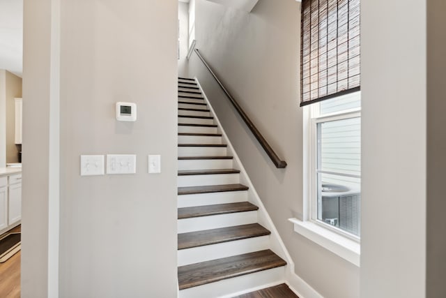 stairs with hardwood / wood-style flooring