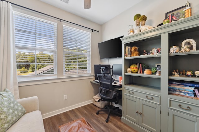 office with dark hardwood / wood-style floors and ceiling fan