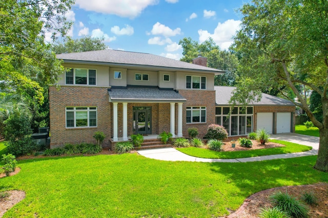 view of front of home featuring a garage, a front lawn, and a porch