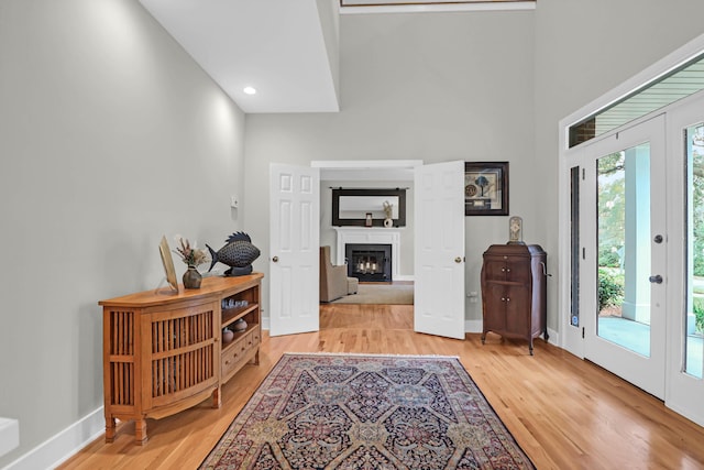 foyer with a towering ceiling and light wood-type flooring