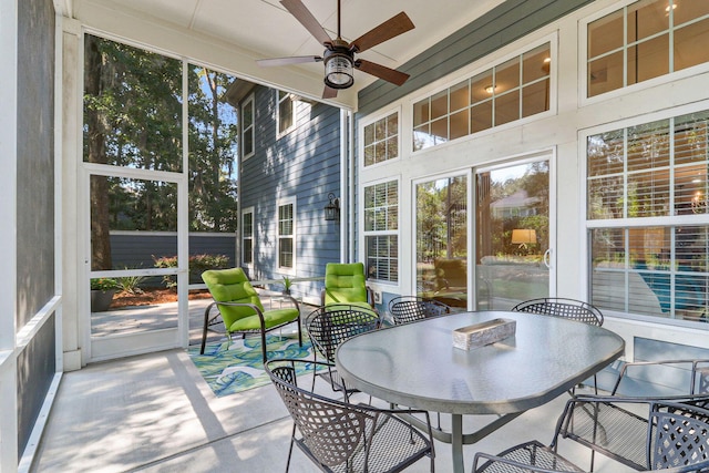 sunroom featuring ceiling fan