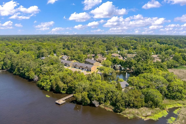 birds eye view of property with a water view and a view of trees
