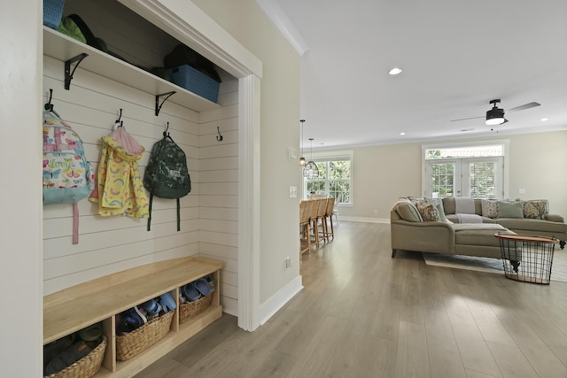 3705 Sandy Gate Ln, Mount Pleasant, SC 29466 - mudroom featuring wood finished floors, ceiling fan, recessed lighting, and crown molding
