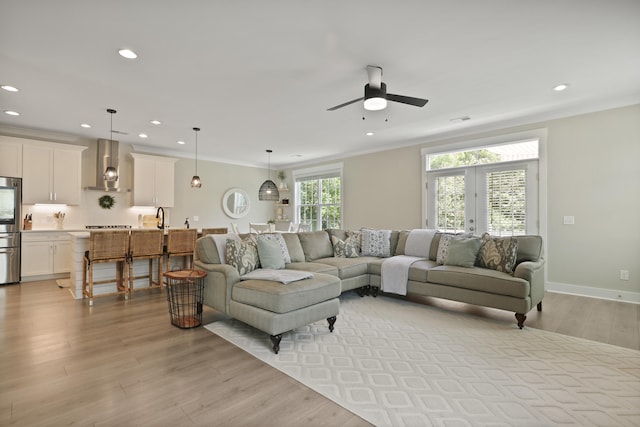 3705 Sandy Gate Ln, Mount Pleasant, SC 29466 - living room with light wood-style floors, ceiling fan, and recessed lighting