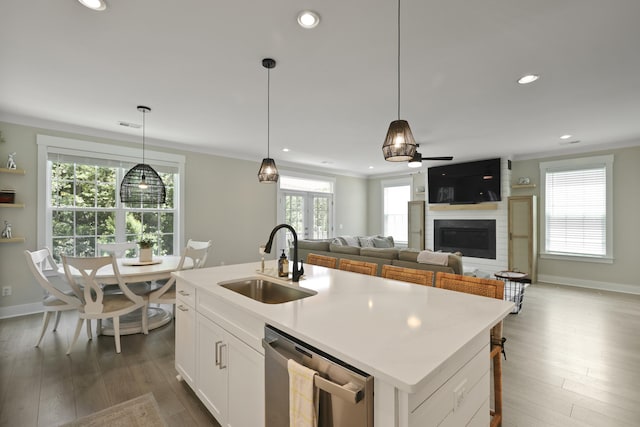 3705 Sandy Gate Ln, Mount Pleasant, SC 29466 - kitchen featuring dishwasher, dark wood-style floors, a glass covered fireplace, white cabinets, and recessed lighting