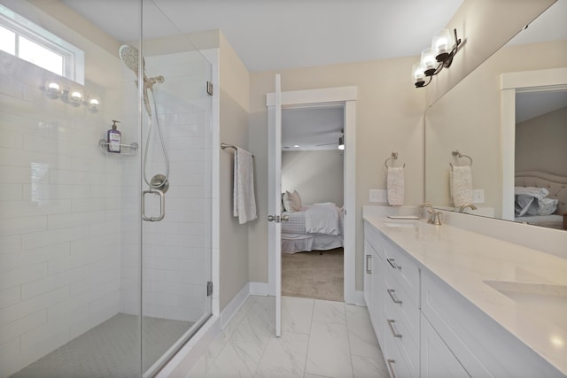3705 Sandy Gate Ln, Mount Pleasant, SC 29466 - bathroom with ensuite bath, double vanity, a shower stall, marble finish flooring, and a ceiling fan